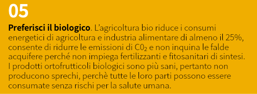 05 Preferisci il biologico. L’agricoltura bio riduce i consumi energetici di agricoltura e industria alimentare di almeno il 25%, consente di ridurre le emissioni di C02 e non inquina le falde acquifere perché non impiega fertilizzanti e fitosanitari di sintesi. I prodotti ortofrutticoli biologici sono più sani, pertanto non producono sprechi, perchè tutte le loro parti possono essere consumate senza rischi per la salute umana.